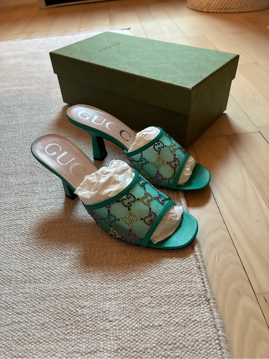 Gucci Shoes - Gucci Teal Crystal-Embellished Open-Toe Mules